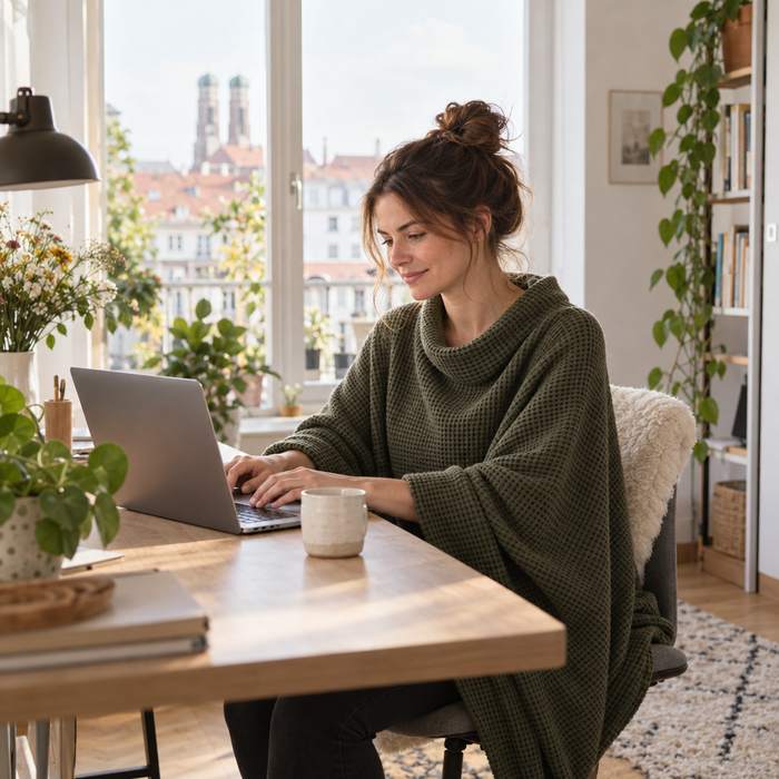 Frau im olivgrünen Wärmeponcho am Schreibtisch im Homeoffice