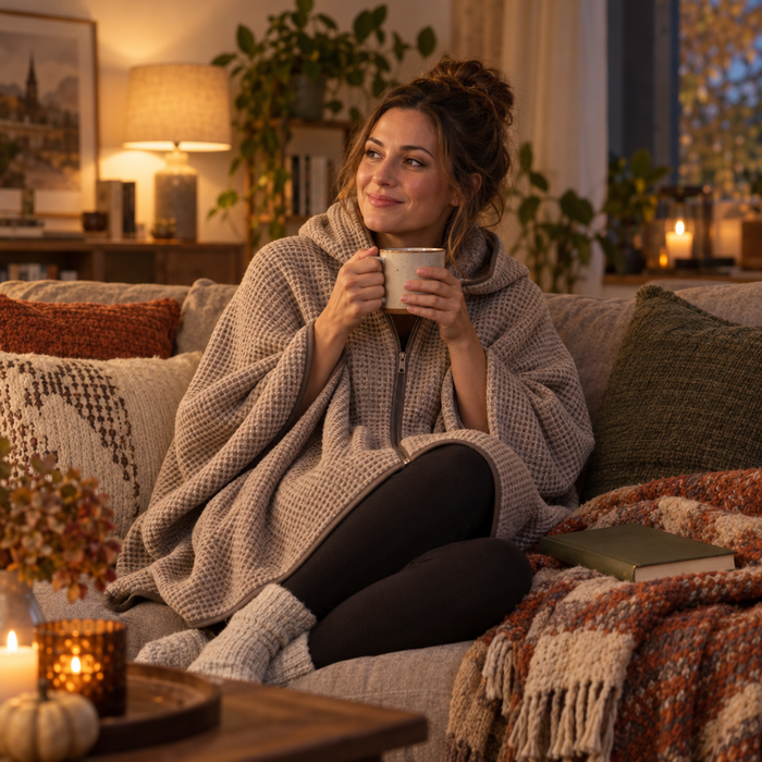 Frau im beigen Wärmeponcho auf dem Sofa mit Tee